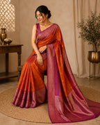 Orange With Ruby Pink Border Semi Silk Saree