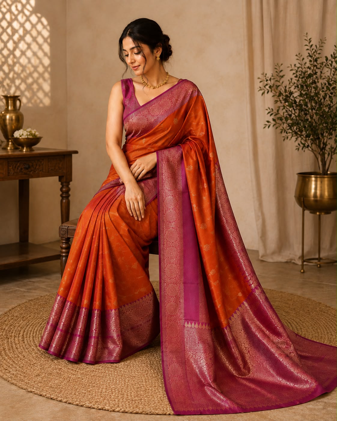 Orange With Ruby Pink Border Semi Silk Saree