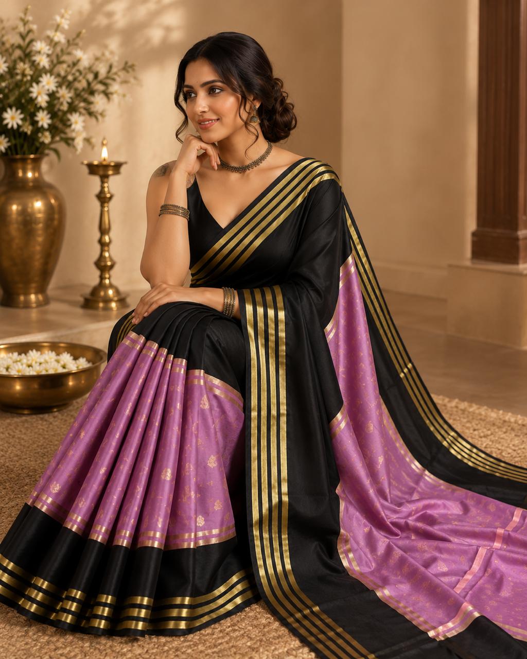 Black with Lilac Contrast Semi Soft Silk Saree