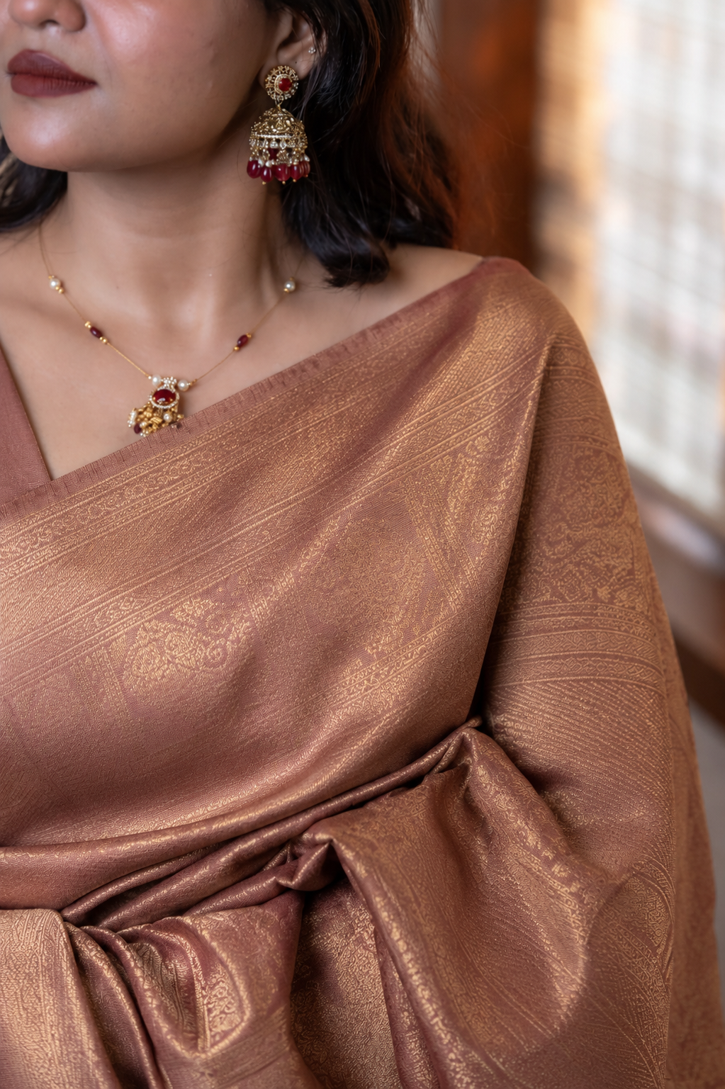 Melon Peach Check Semi Silk Saree