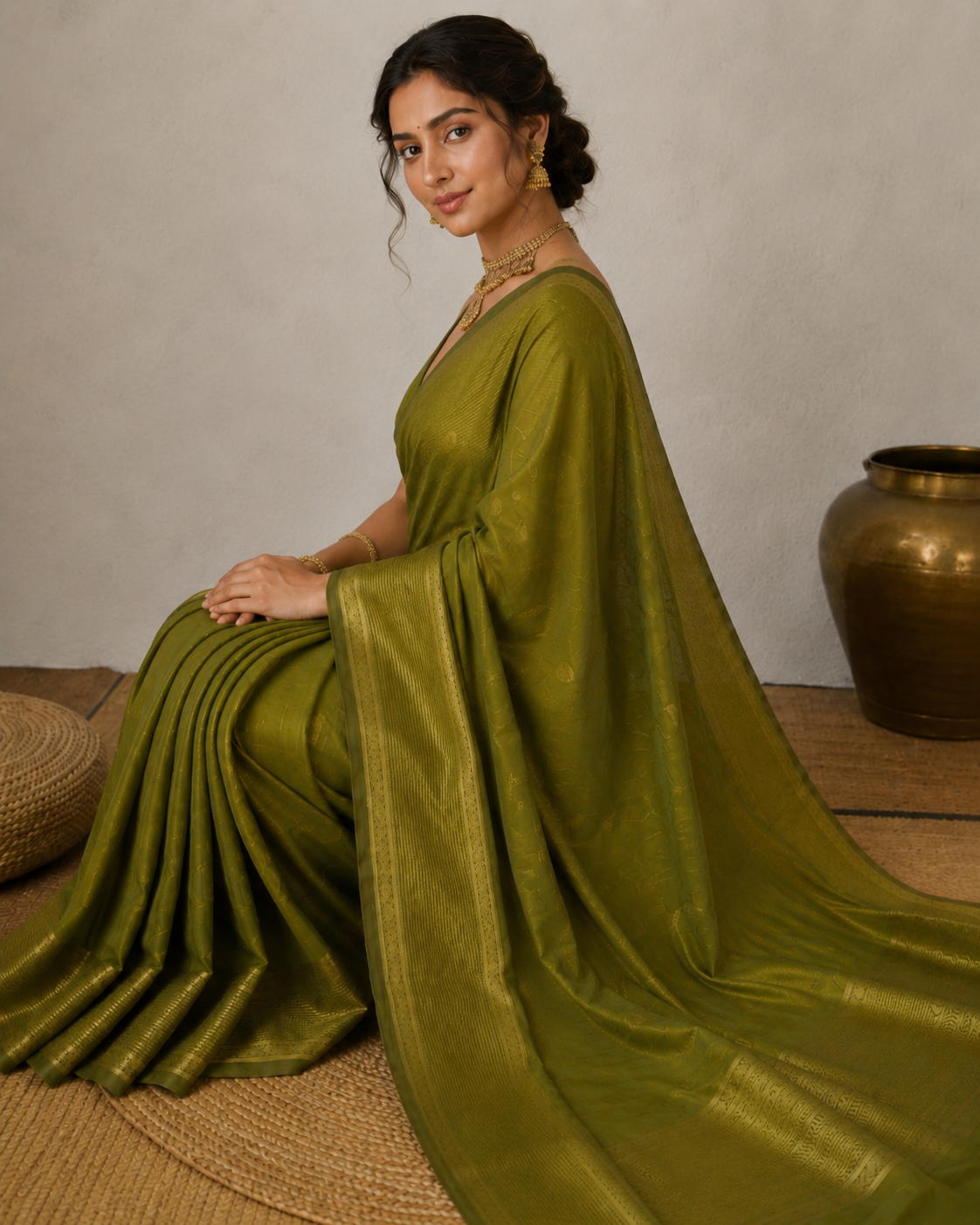 Olive Green Semi Silk Saree
