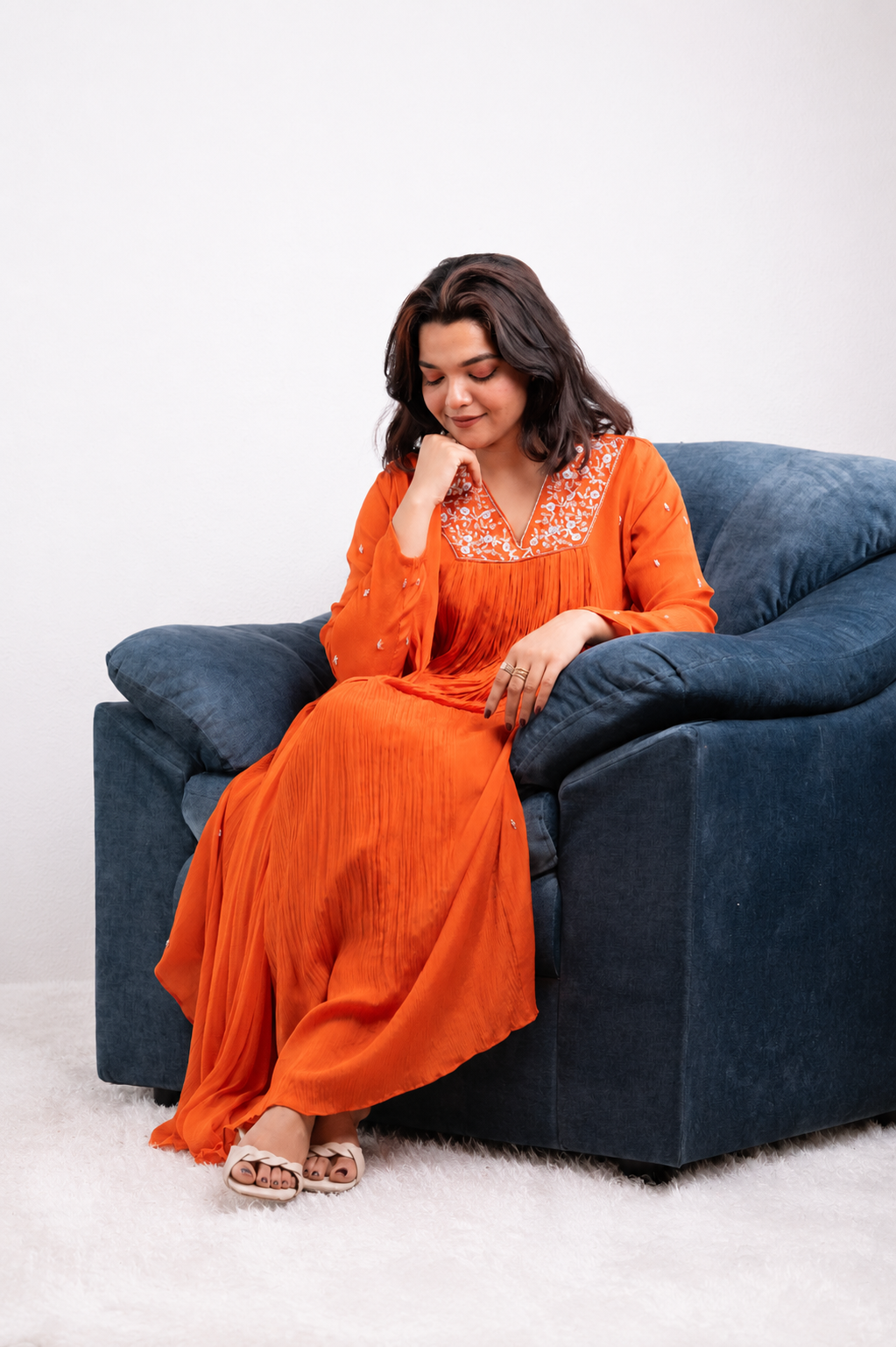 Orange Chinon Salwar Suit Set