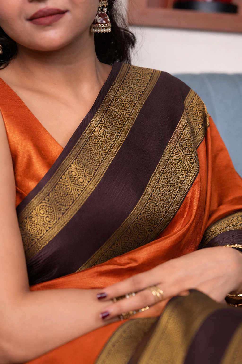 Burnt Orange Semi Silk Saree With Brown Border