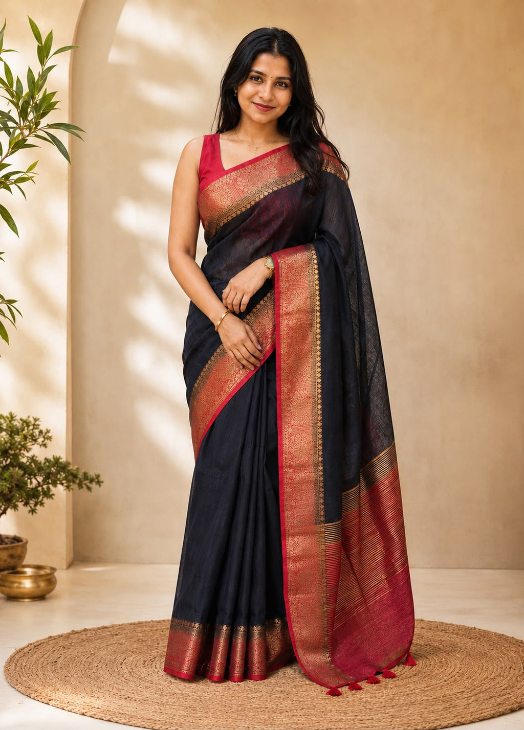Black With Maroon Boarder Chanderi Saree