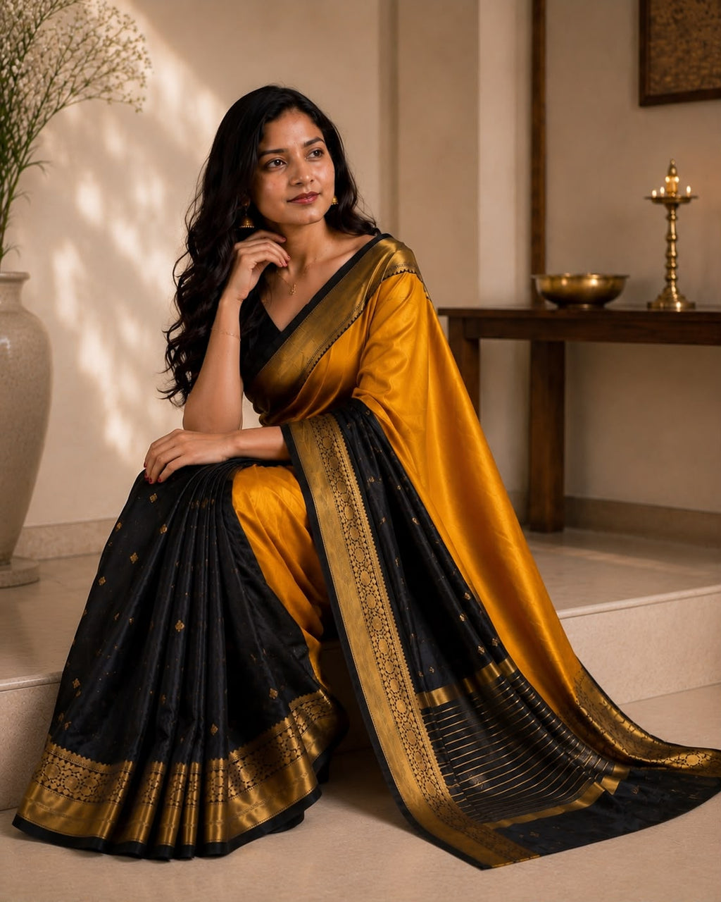 Yellow And Black Half Semi Silk & Half Tissue Saree