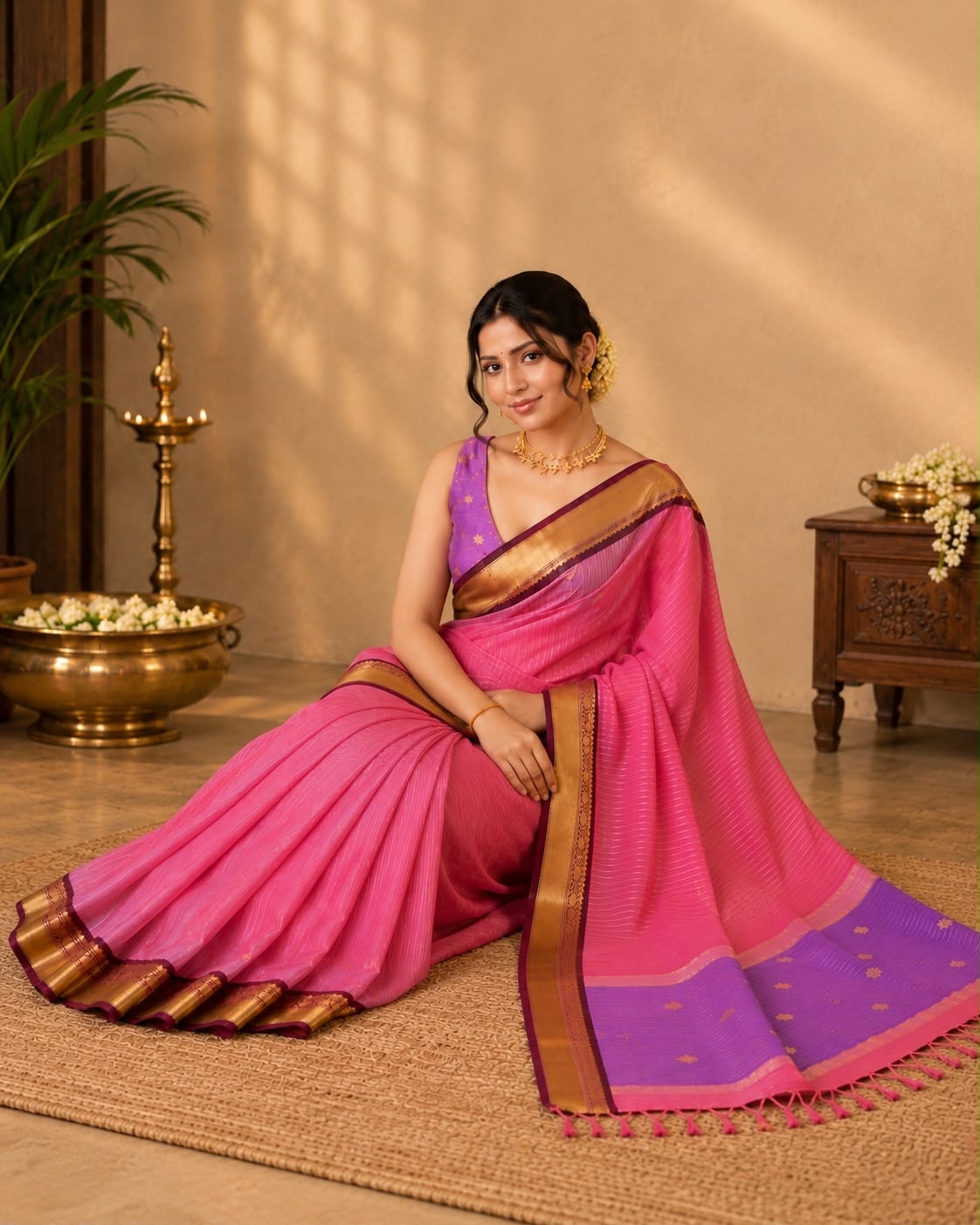 Flamingo Pink semi Silk Saree