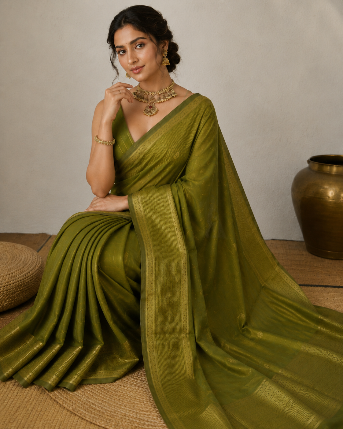 Olive Green Semi Silk Saree