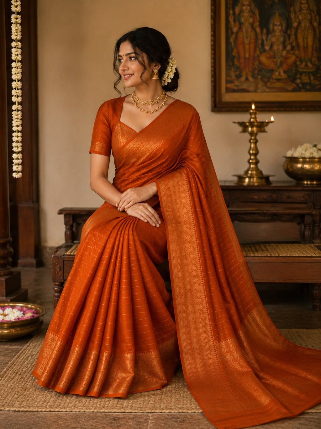 Orange Striped Semi Silk Saree LUXSS11