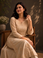 Beige Colour Semi Modal Chikankari