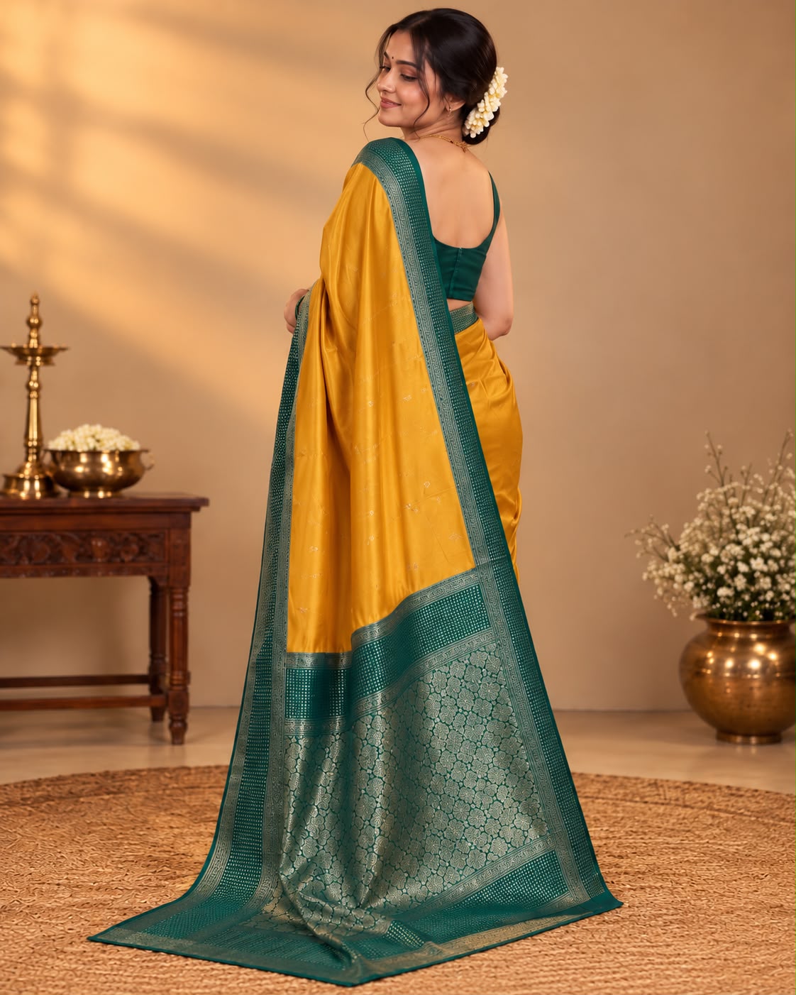 Yellow Semi Silk Saree With Bottle Green Border LUXSS19