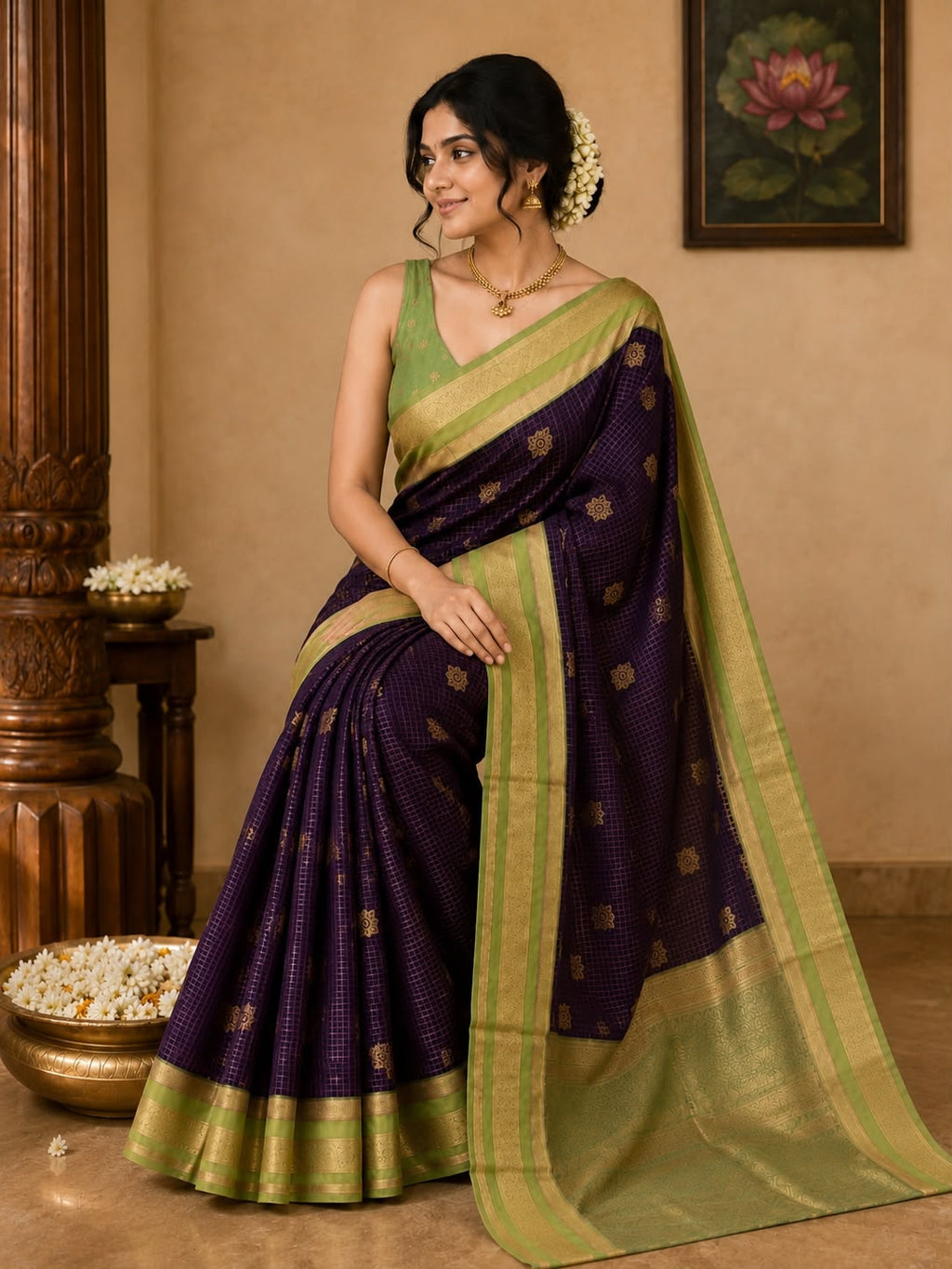 Retta Pet Kunthavai Dark Purple Semi Silk Saree