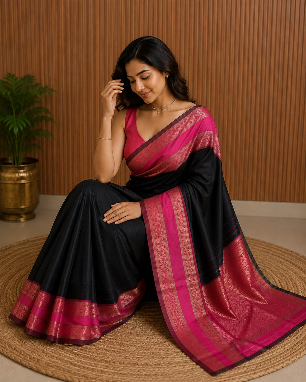 Black With Raspberry Pink Border Semi Silk Saree