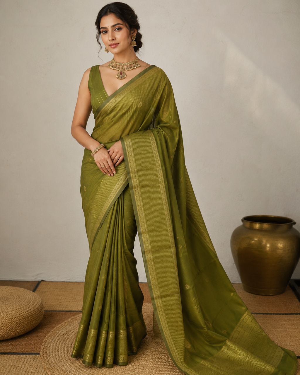 Olive Green Semi Silk Saree