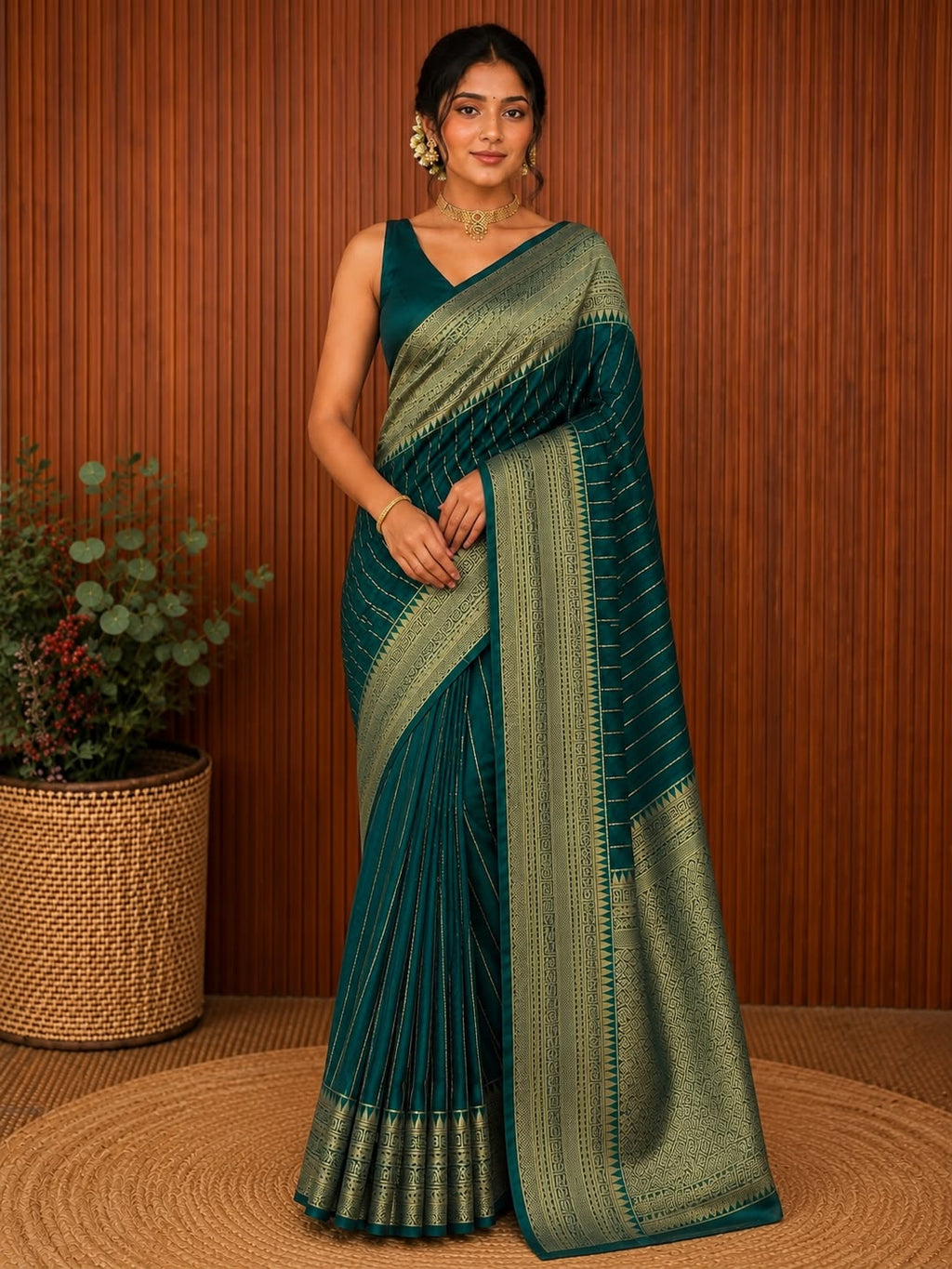 Bottle Green Semi Silk saree
