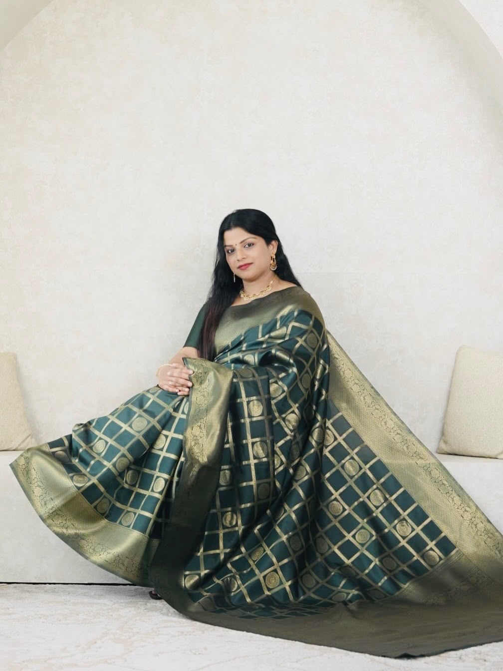 Bottle Green Check Pattern Semi Silk Saree