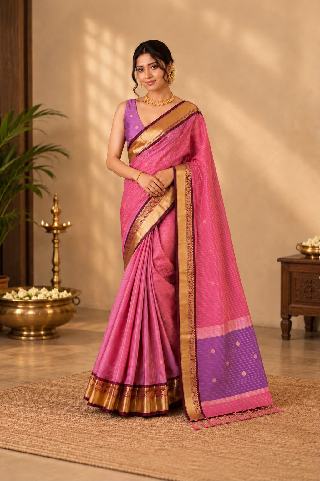 Flamingo Pink semi Silk Saree