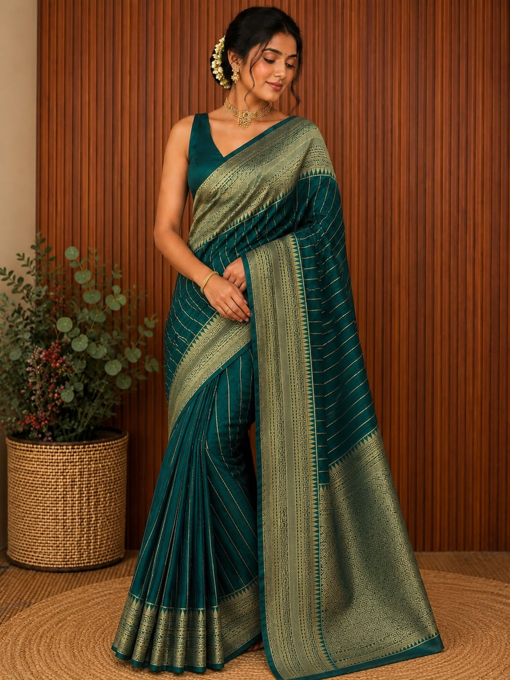 Bottle Green Semi Silk saree