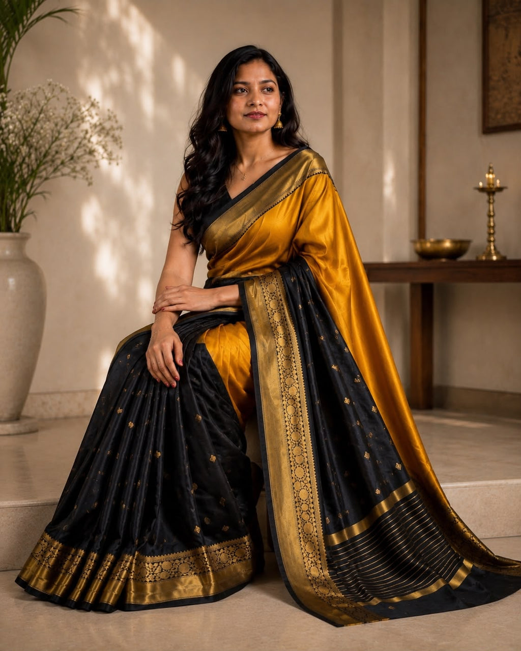 Yellow And Black Half Semi Silk & Half Tissue Saree