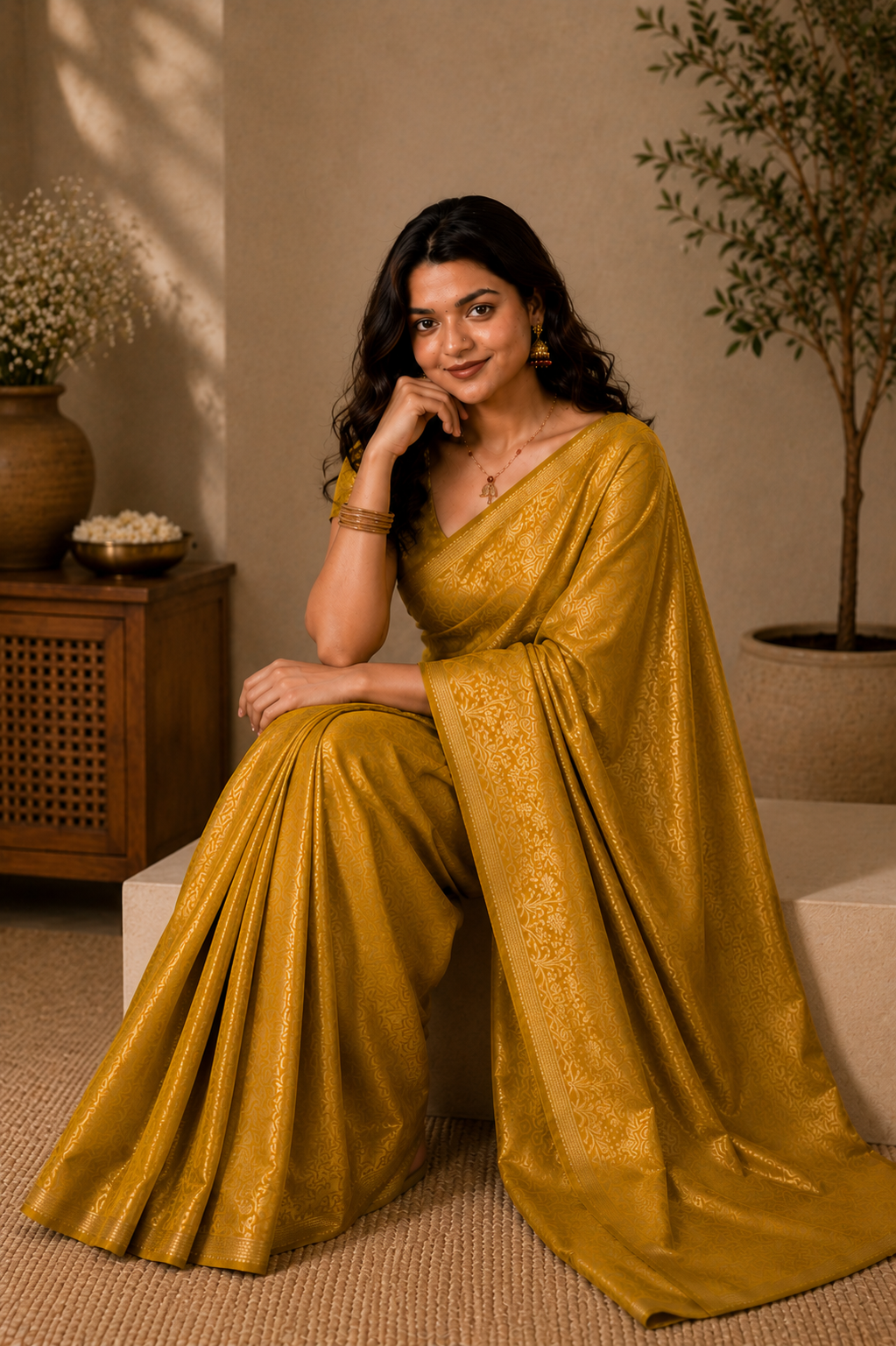 Mustard Yellow Brocade Semi Silk Saree