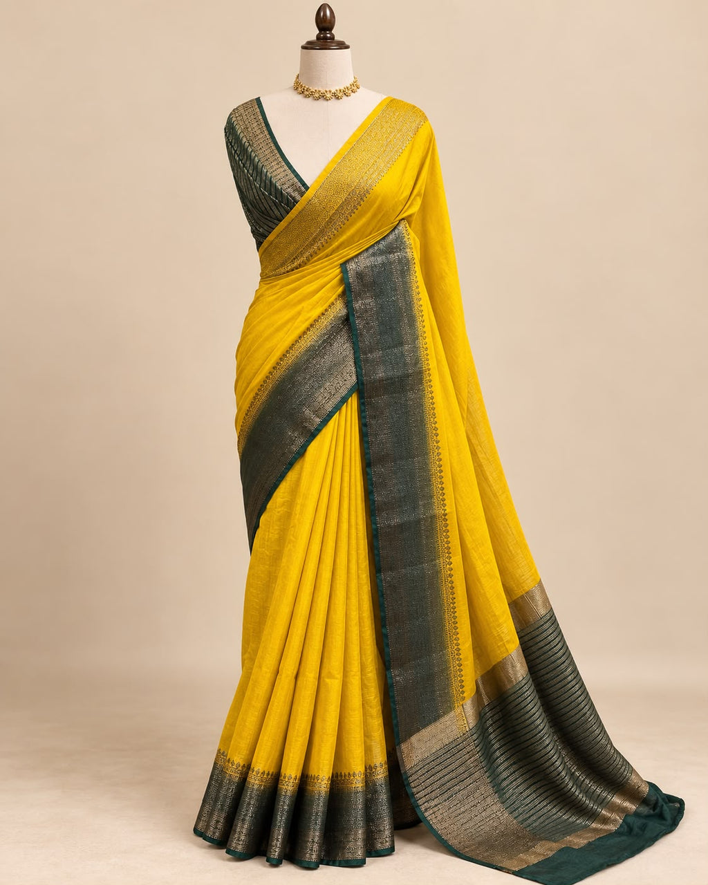Yellow & Green Semi Jute Saree