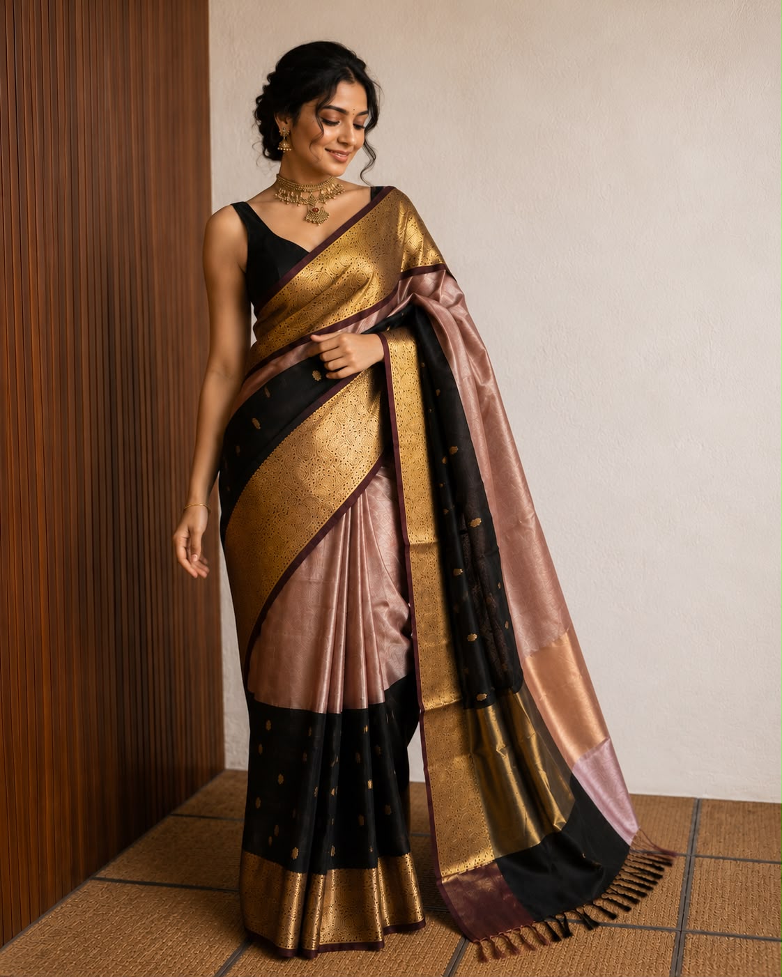 Black & Pink Half Semi Silk & Half Tissue Saree