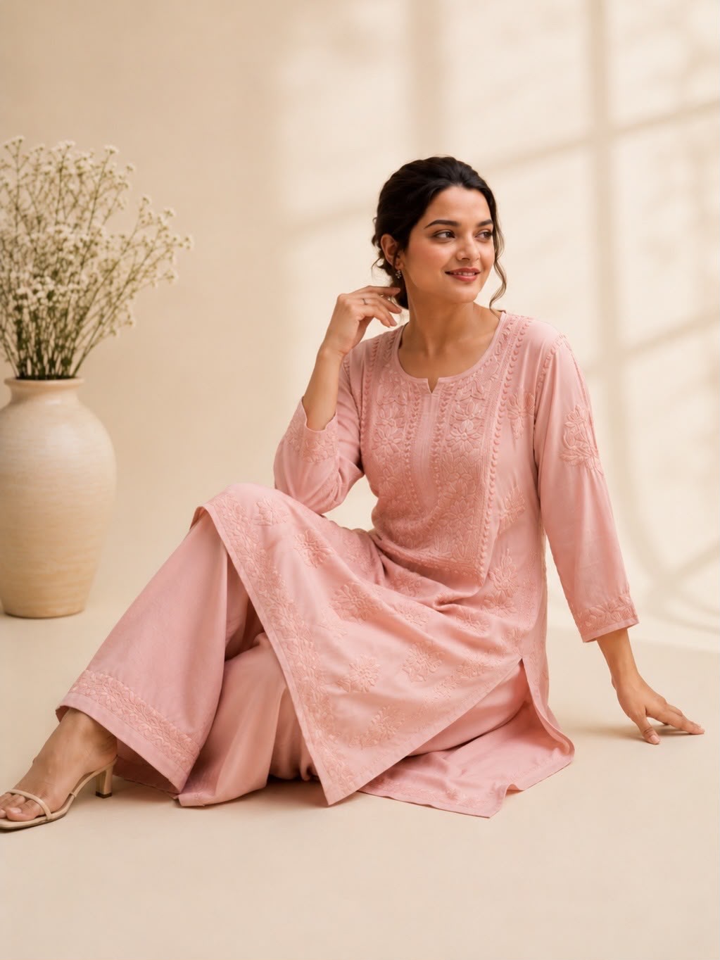 Champagne Colour Chikankari Semi Modal