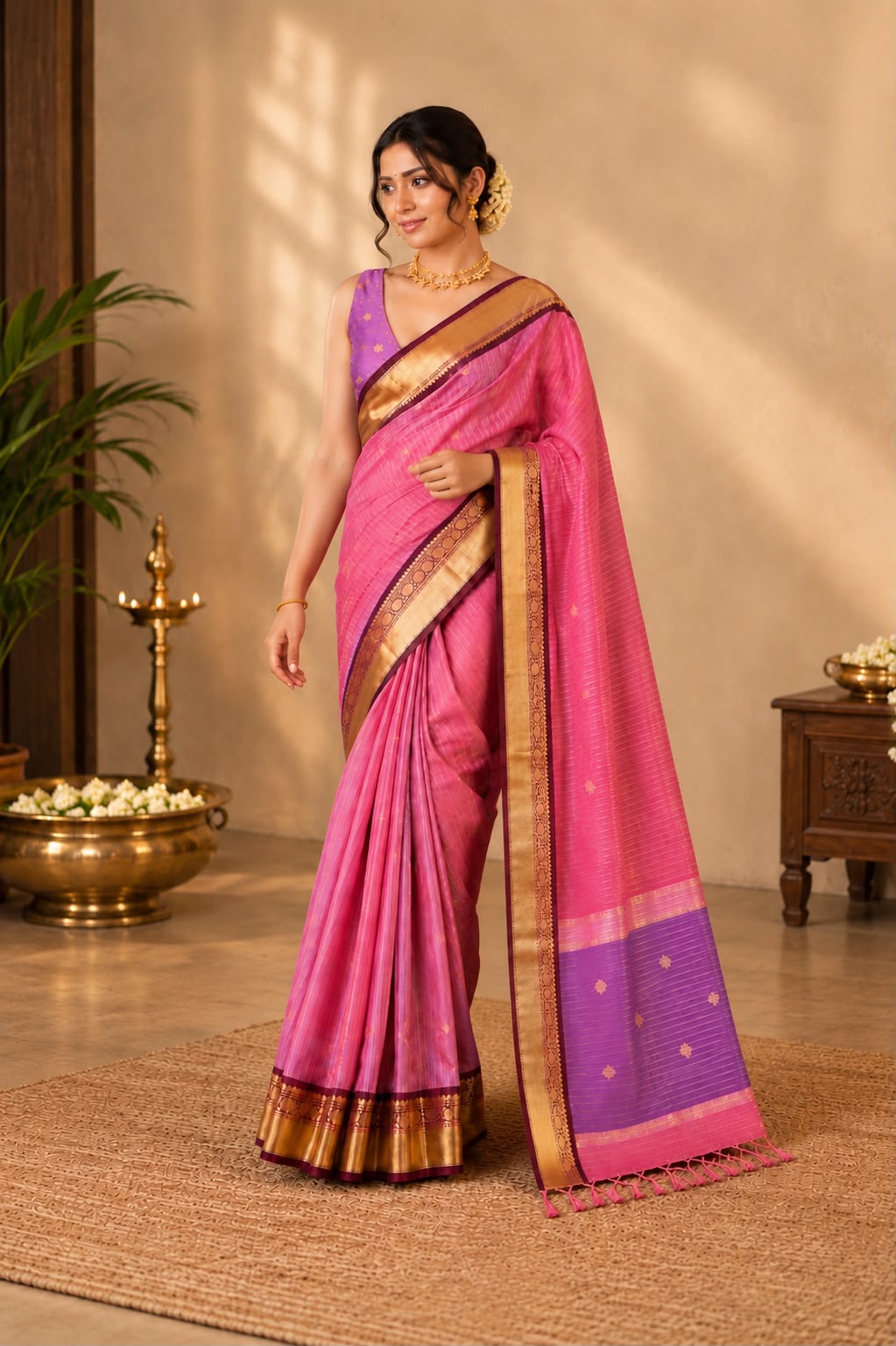 Flamingo Pink semi Silk Saree