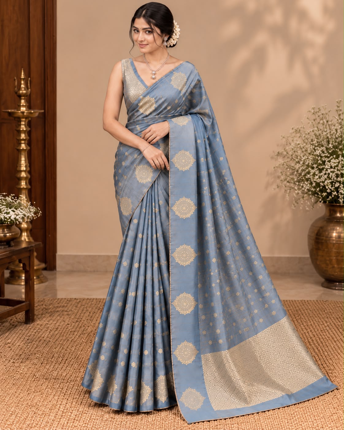 Steel Blue Grey Tissue Silk Saree