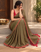 Olive Green Dual Tone Mulcotton Saree LUXSM05