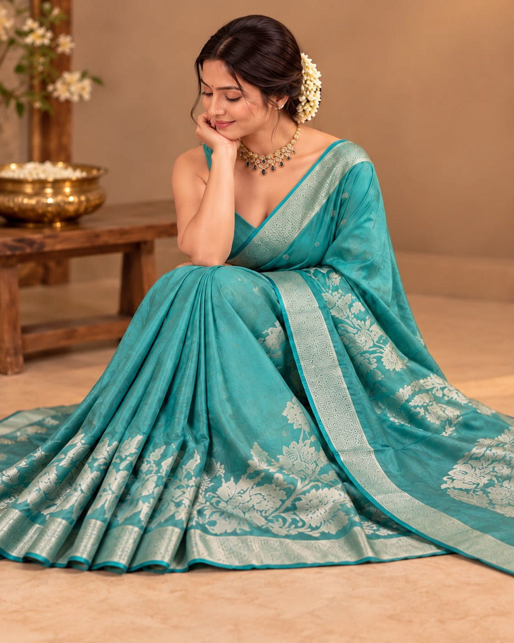 Turquoise Tissue Silk Saree LUXST03