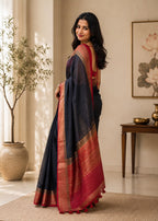 Black With Maroon Boarder Chanderi Saree
