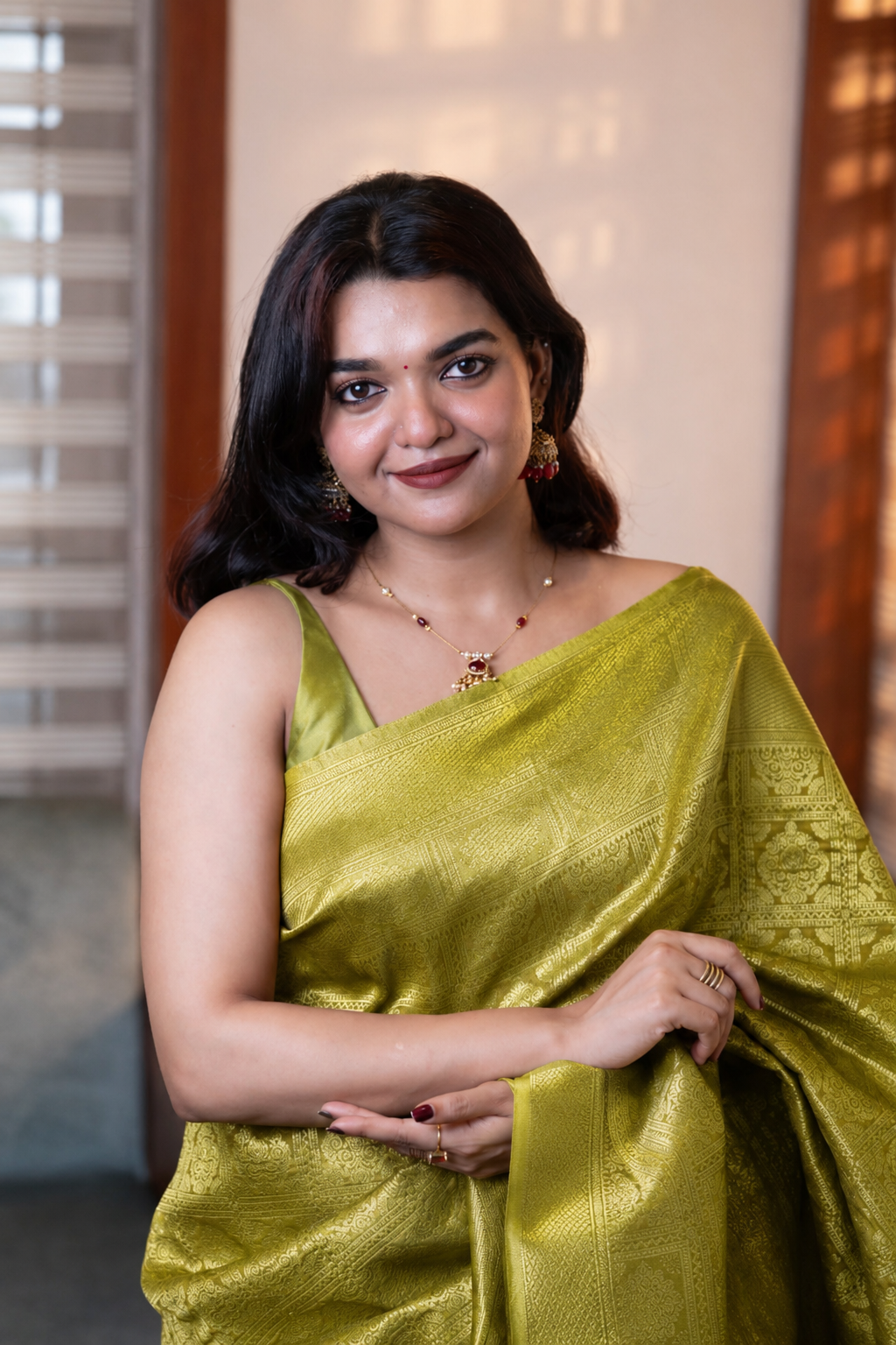 Pear Green Check Semi Silk Saree