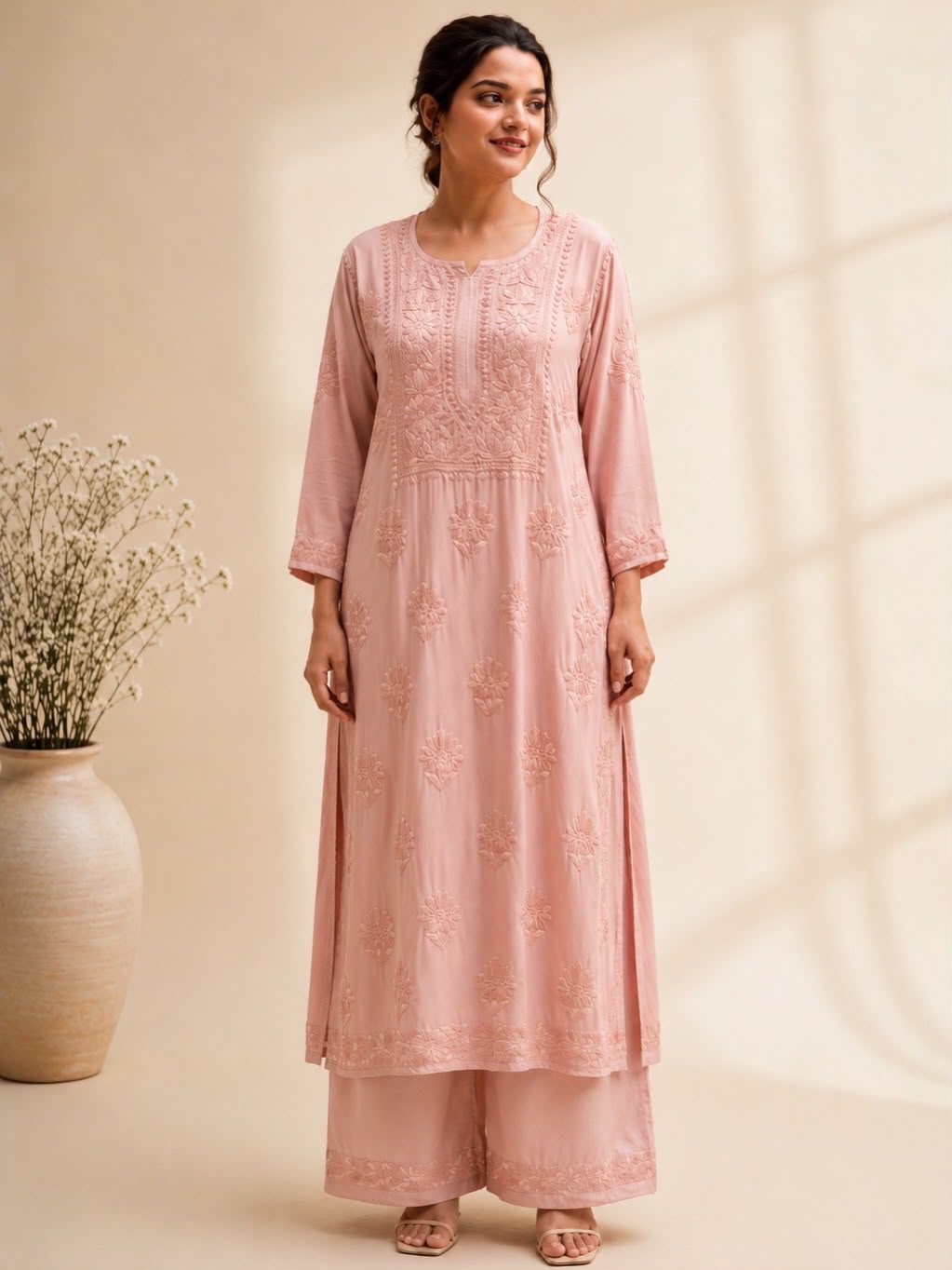 Champagne Colour Chikankari Semi Modal