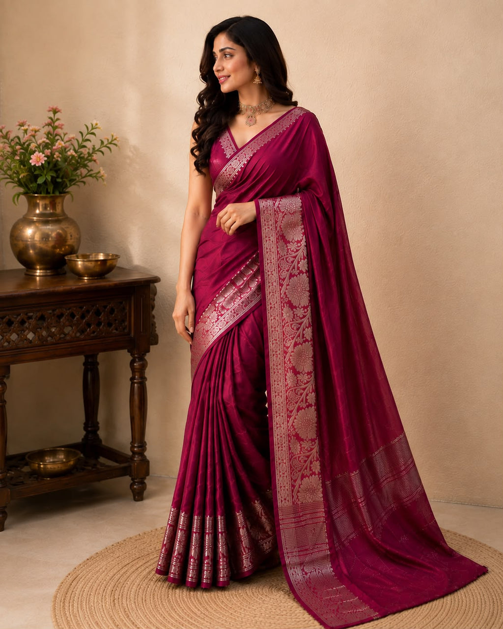 Reddish Maroon Soft Flowy Semi Silk Saree
