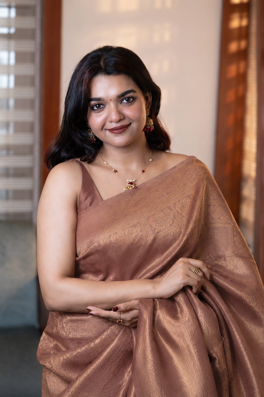 Melon Peach Check Semi Silk Saree