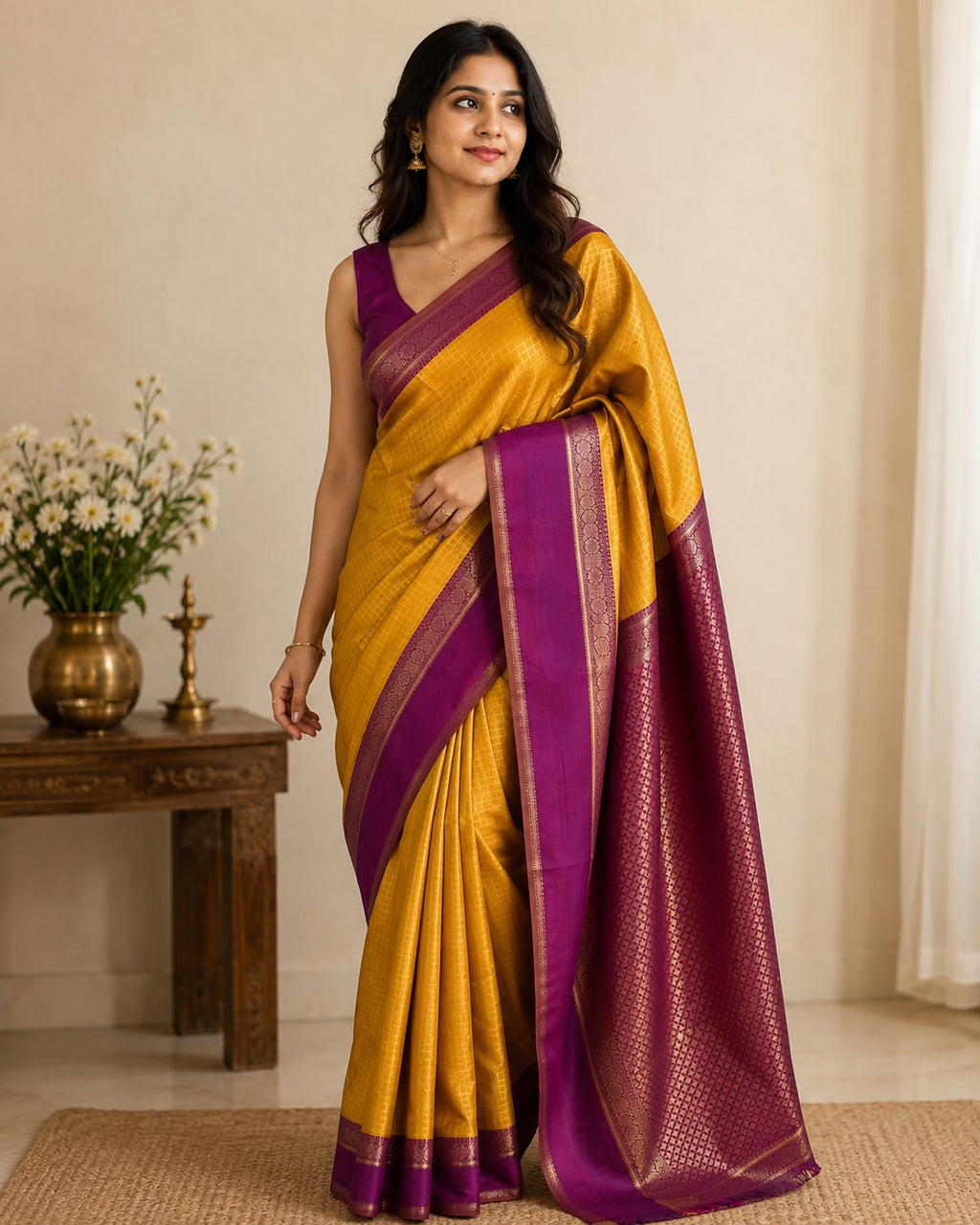 Mustard Yellow Semi Silk Saree