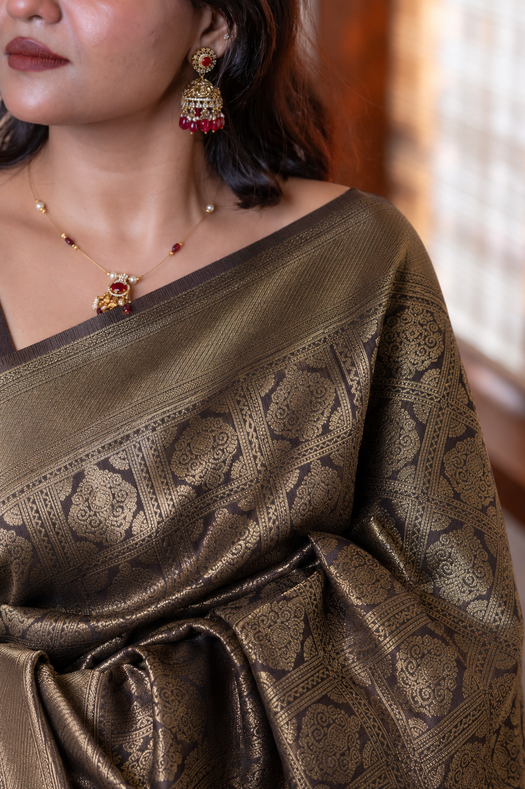 Brown Check Semi Silk Saree