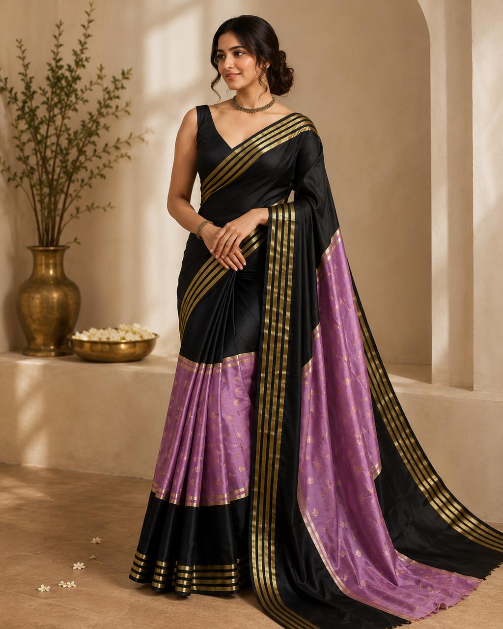 Black with Lilac Contrast Semi Soft Silk Saree