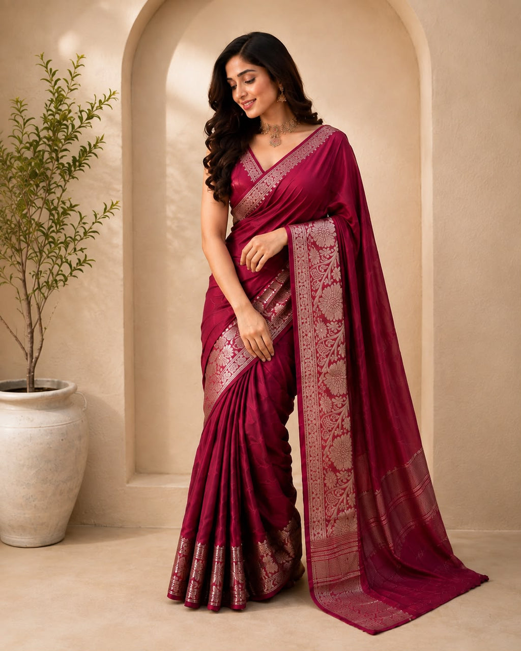 Reddish Maroon Soft Flowy Semi Silk Saree