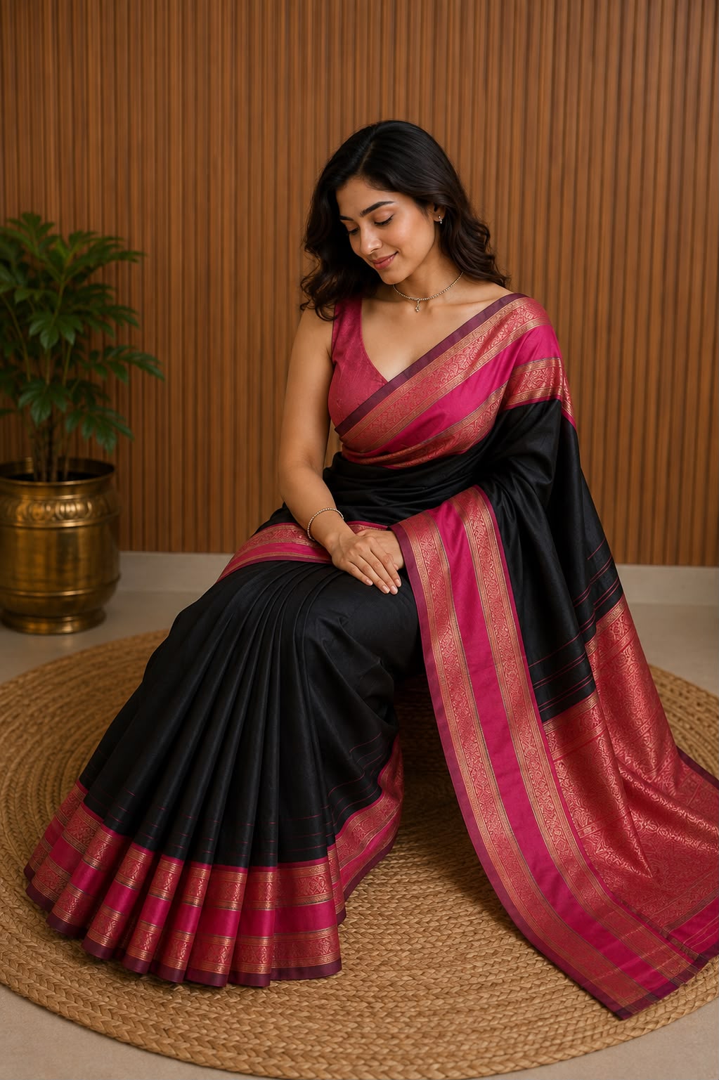 Black With Raspberry Pink Border Semi Silk Saree