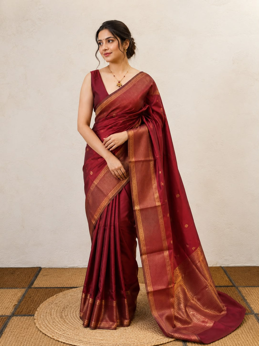 Maroon Small Check Semi Silk Saree