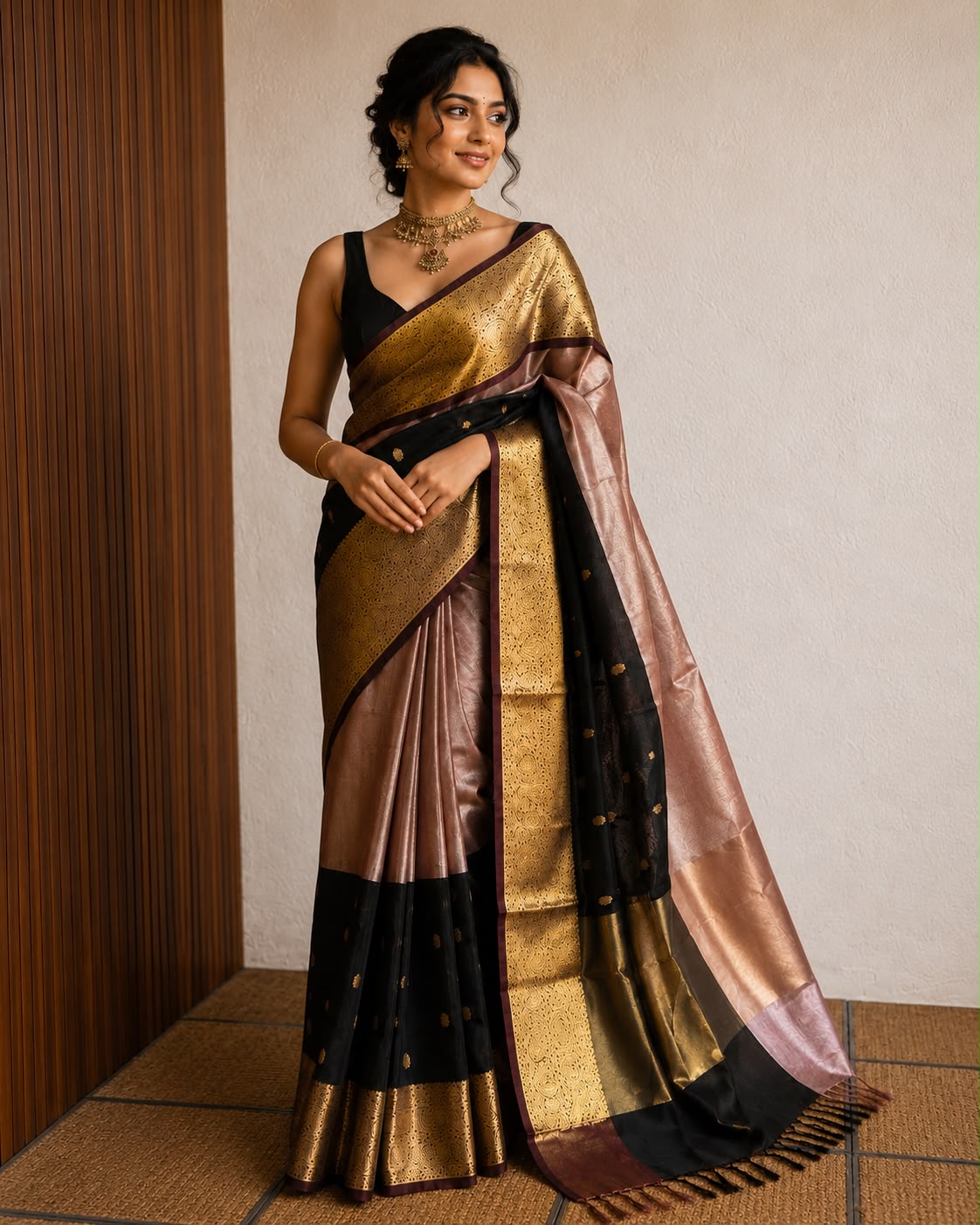 Black & Pink Half Semi Silk & Half Tissue Saree