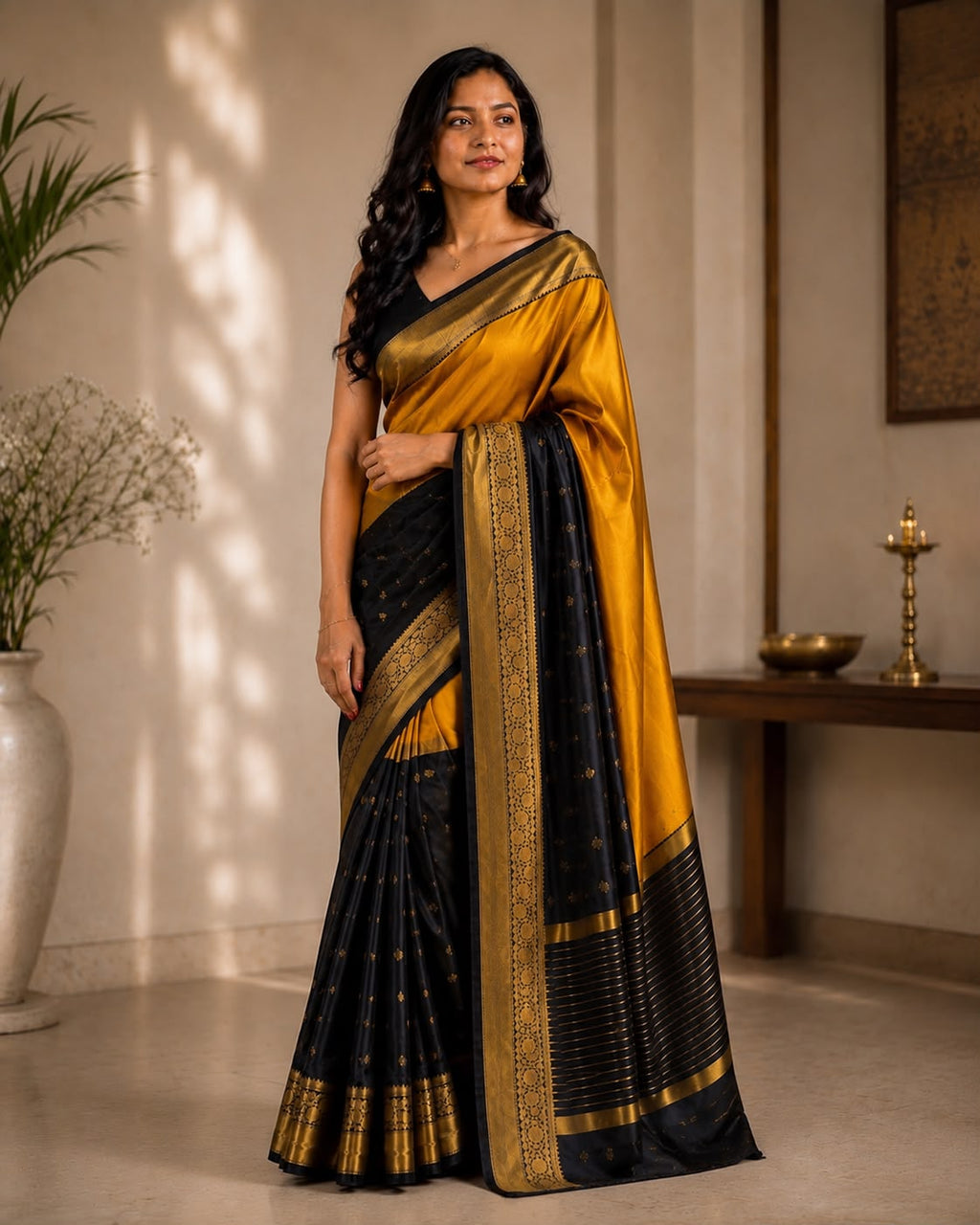 Yellow And Black Half Semi Silk & Half Tissue Saree