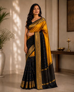Yellow And Black Half Semi Silk & Half Tissue Saree