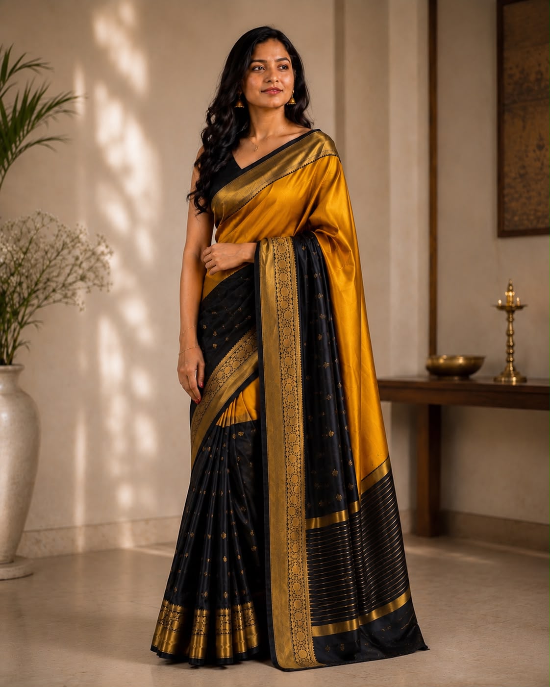 Yellow And Black Half Semi Silk & Half Tissue Saree