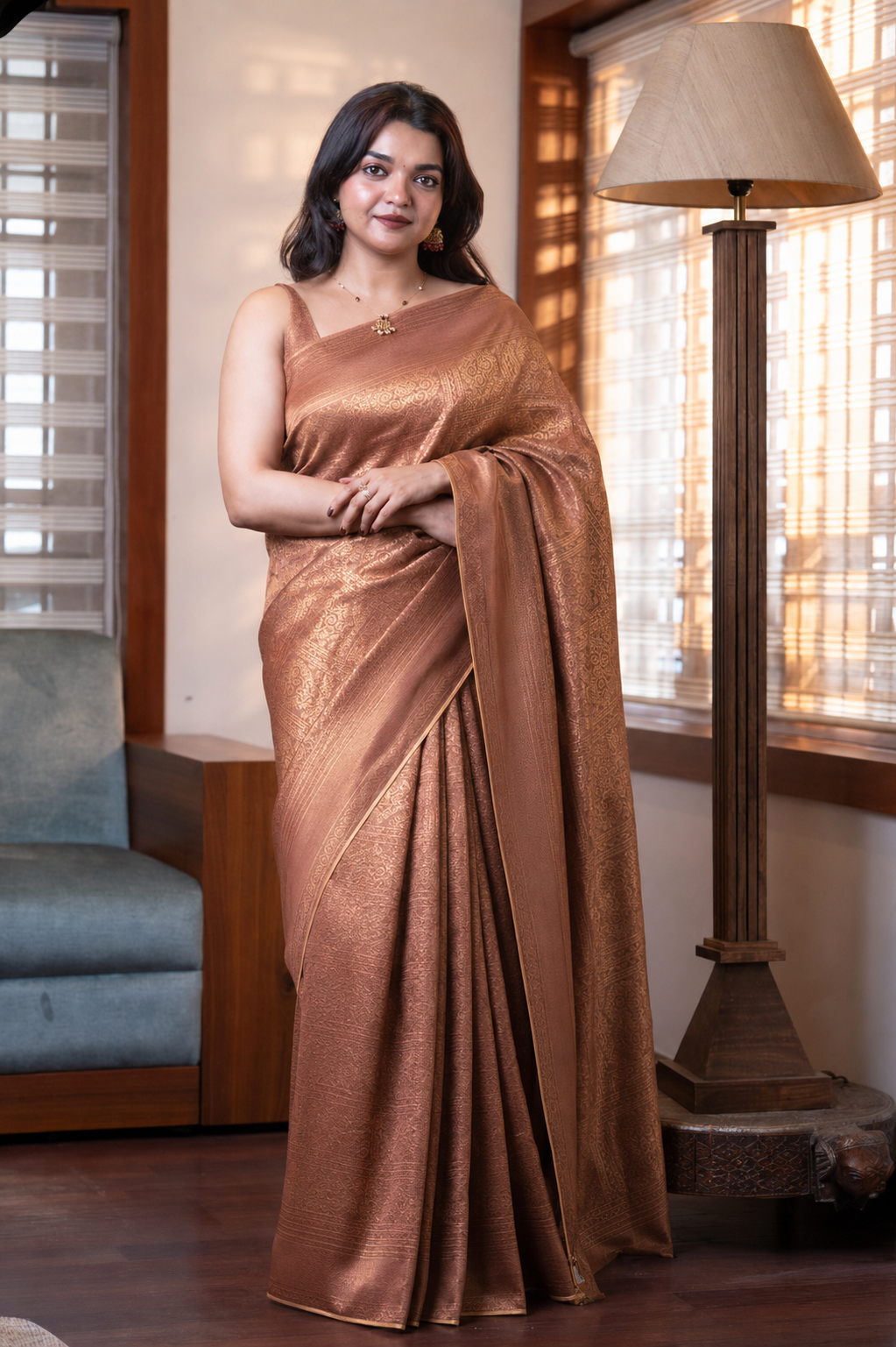 Melon Peach Check Semi Silk Saree