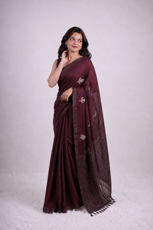 Dark Wine Mul Cotton Saree