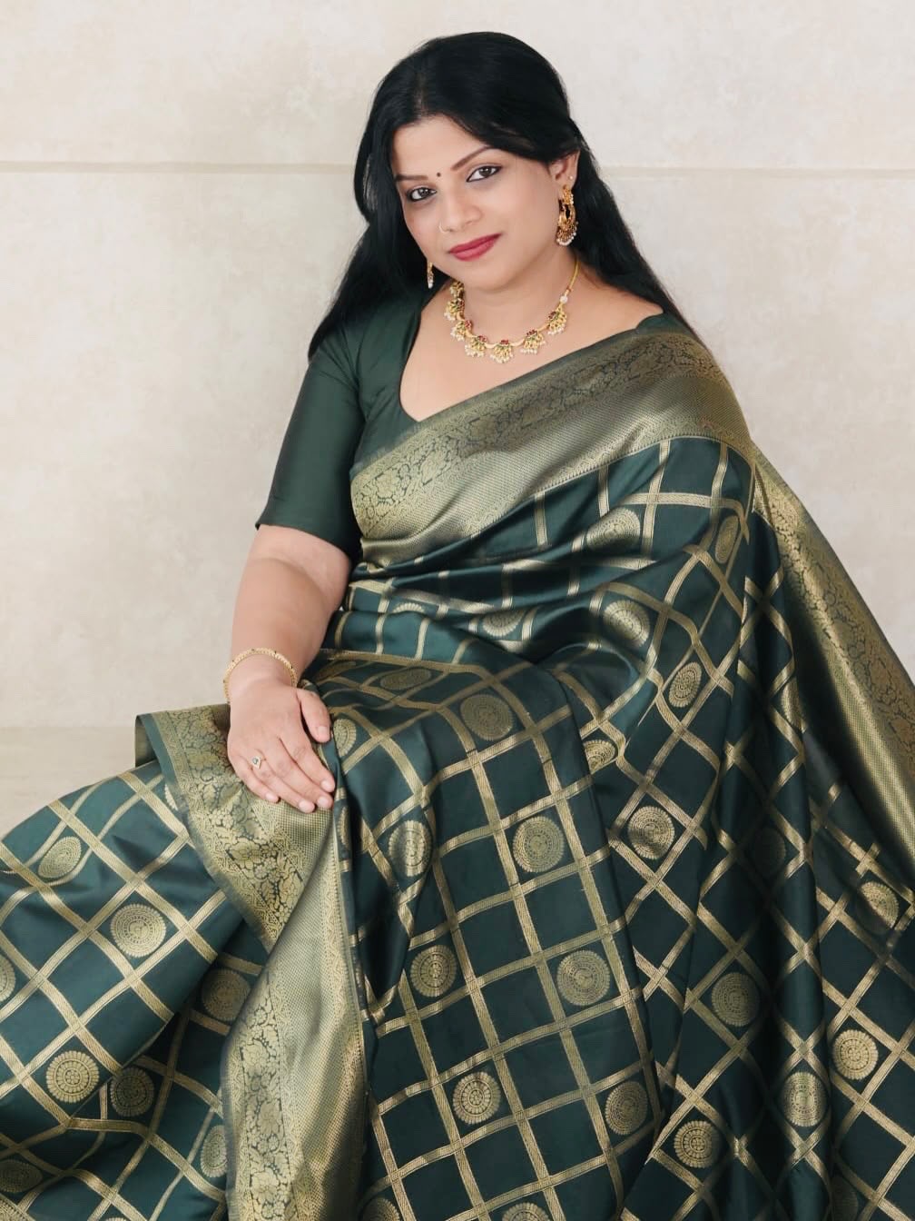 Bottle Green Check Pattern Semi Silk Saree