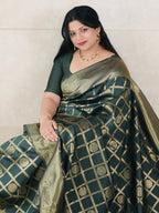 Bottle Green Check Pattern Semi Silk Saree