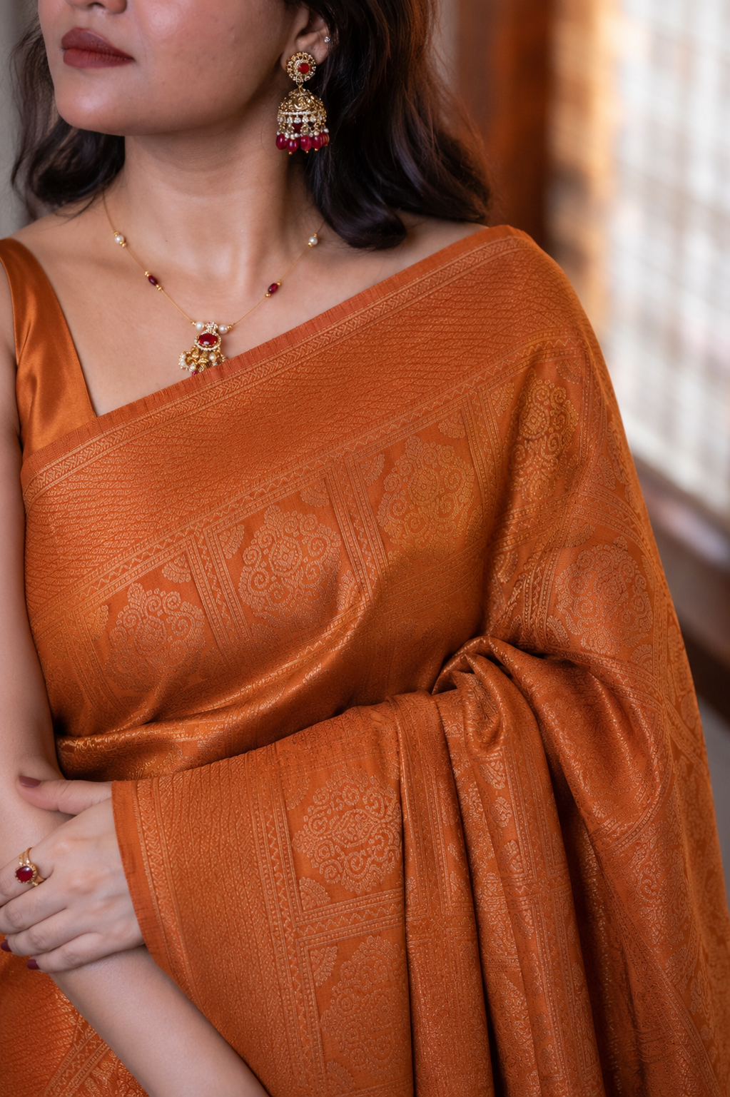 Orange Check Semi Silk Saree